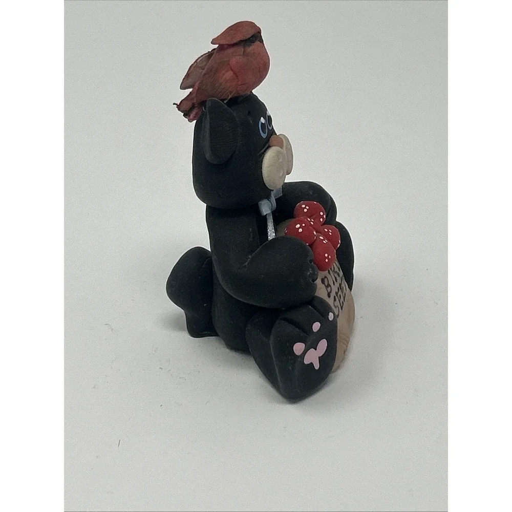 NEW Handmade Polymer Clay Figurine Black Cat w/ Bird Seed Bag & Cardinal on Head